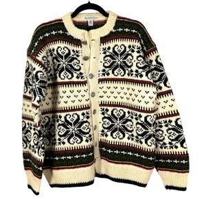 Nordstrikk Wool Cream Green Fair Isle Norway Cardigan Sweater Women's Large